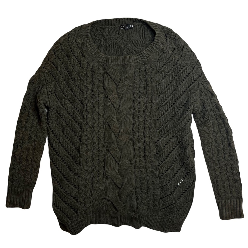Express olive green crewneck cable knit chunky oversized sweater size XS